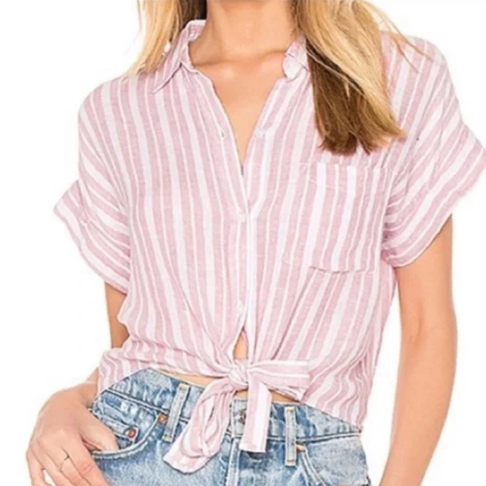 Rails Pink and White Striped Button Down Tie Shirt Size M